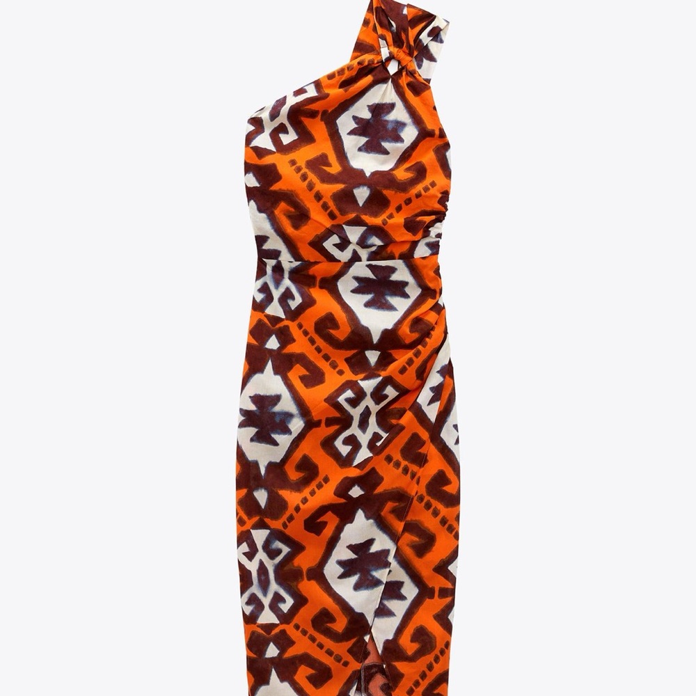 Zara Orange and White One-Shoulder Dress